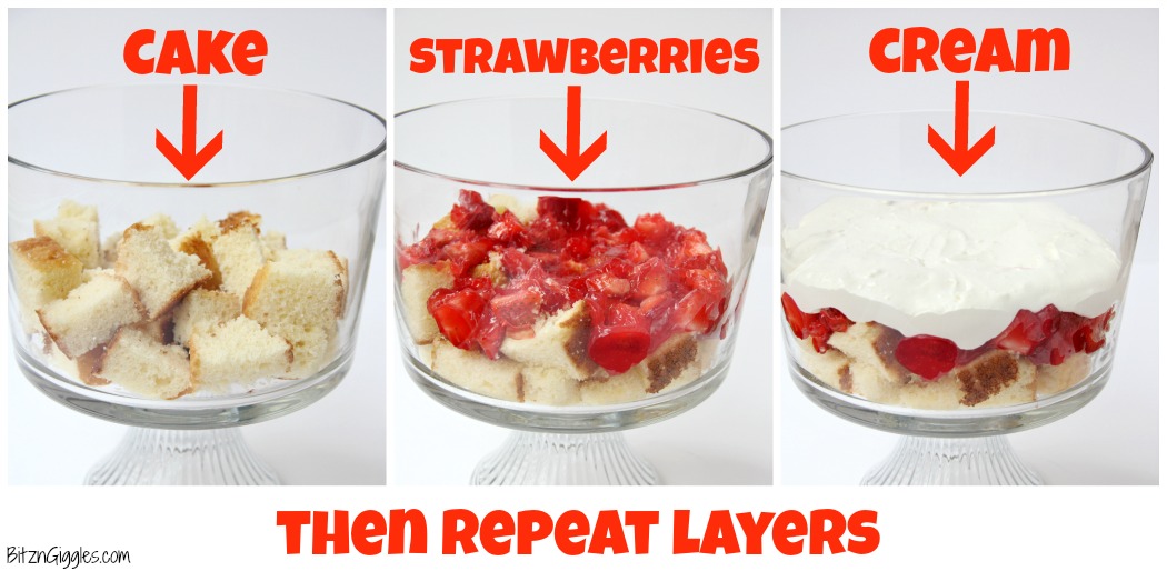 Strawberry Shortcake Trifle - A beautiful and delicious trifle layered with vanilla cake, homemade strawberry glaze and cream! Such a pretty dessert!