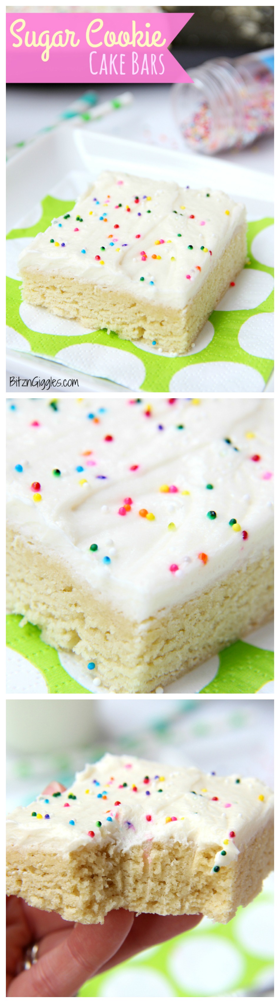 Sugar Cookie Cake Bars - Soft and chewy bars topped with decadent buttercream frosting and colorful sprinkles ~ perfect for a party and makes enough for a crowd!