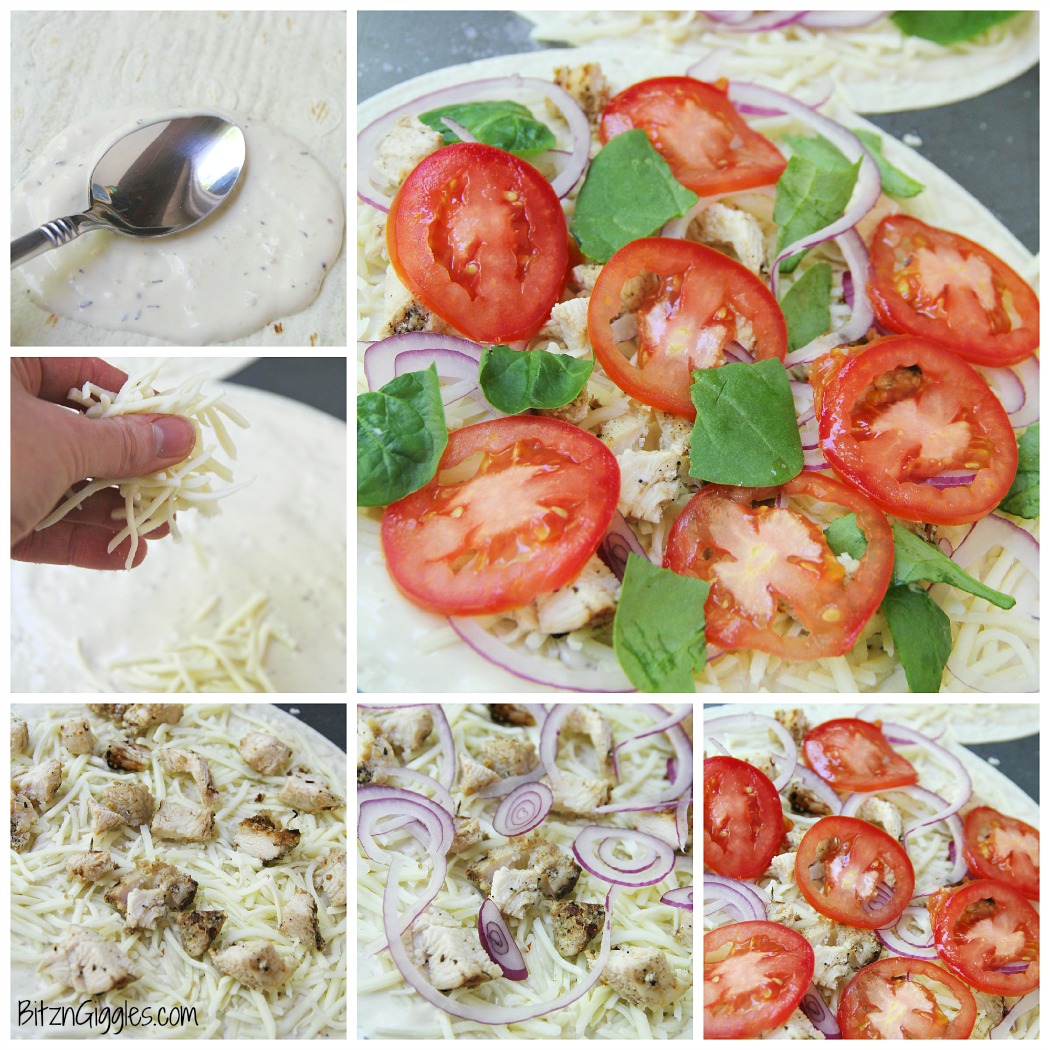 Chicken Ranch Tortilla Pizza - A quick and delicious "skinny" pizza with sprinkles of grilled chicken and fresh vegetables, bursting with mouth-watering garlic and ranch flavors!