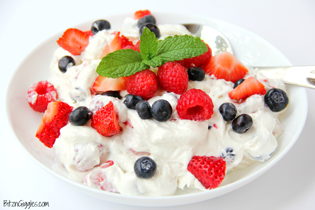 Triple Berry Shortcake Salad - Such an easy and delicious summer salad loaded with berries and hints of shortcake. Perfect for Memorial Day and 4th of July!!