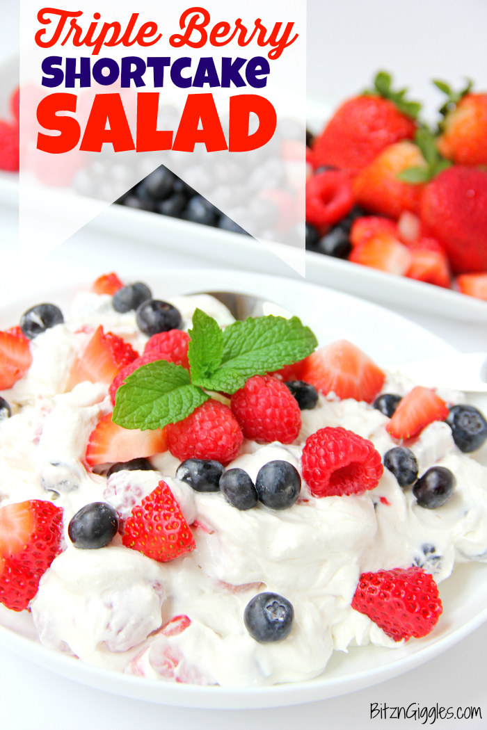 Triple Berry Shortcake Salad - Such an easy and delicious summer salad loaded with berries and hints of shortcake. Perfect for Memorial Day and 4th of July!!
