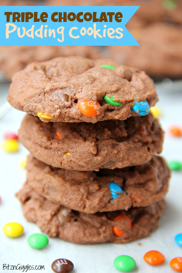 Triple Chocolate Pudding Cookies - Chewy, chocolaty, candy-filled cookies that use pudding as a secret ingredient to keep them nice and soft!