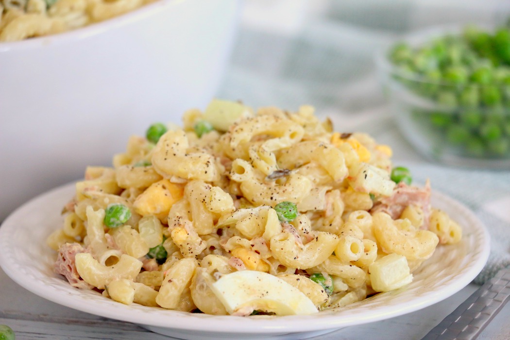 close up of tuna macaroni salad on a plate