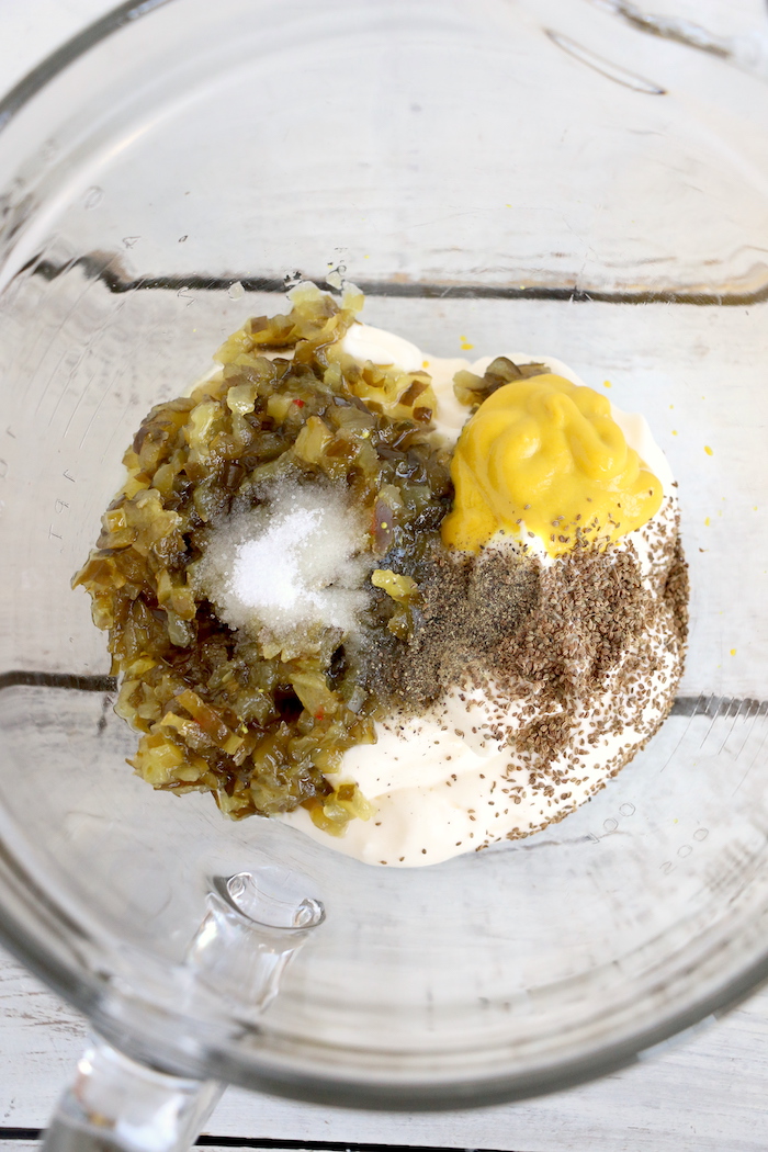 bowl with pasta salad dressing ingredients