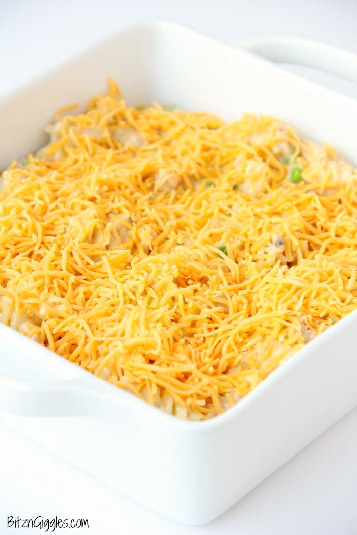 Tuna Noodle Casserole - Pasta and tuna in a creamy sauce topped with cheese and french fried onions! The perfect casserole for busy weeknights!