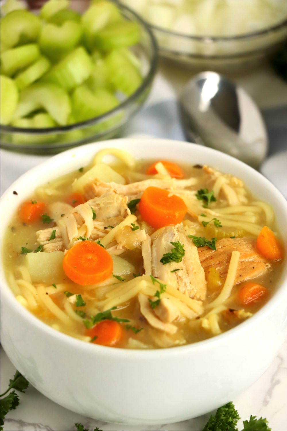 bowl of turkey noodle soup with carrots in white bowl
