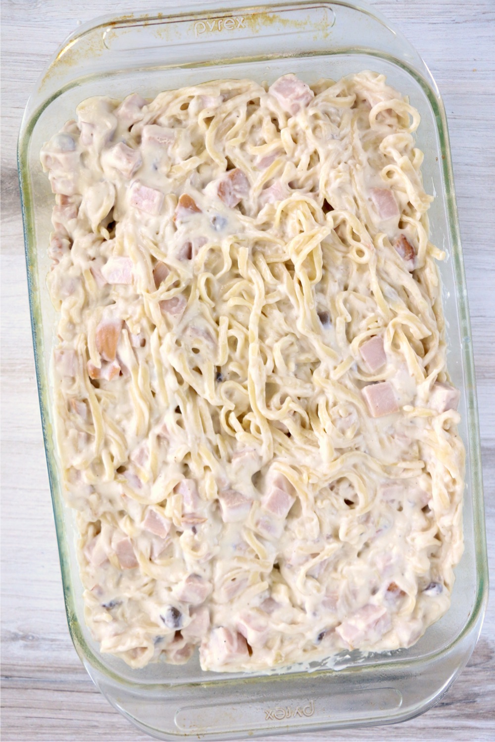 Turkey Tetrazzini in a 9x13 glass baking dish