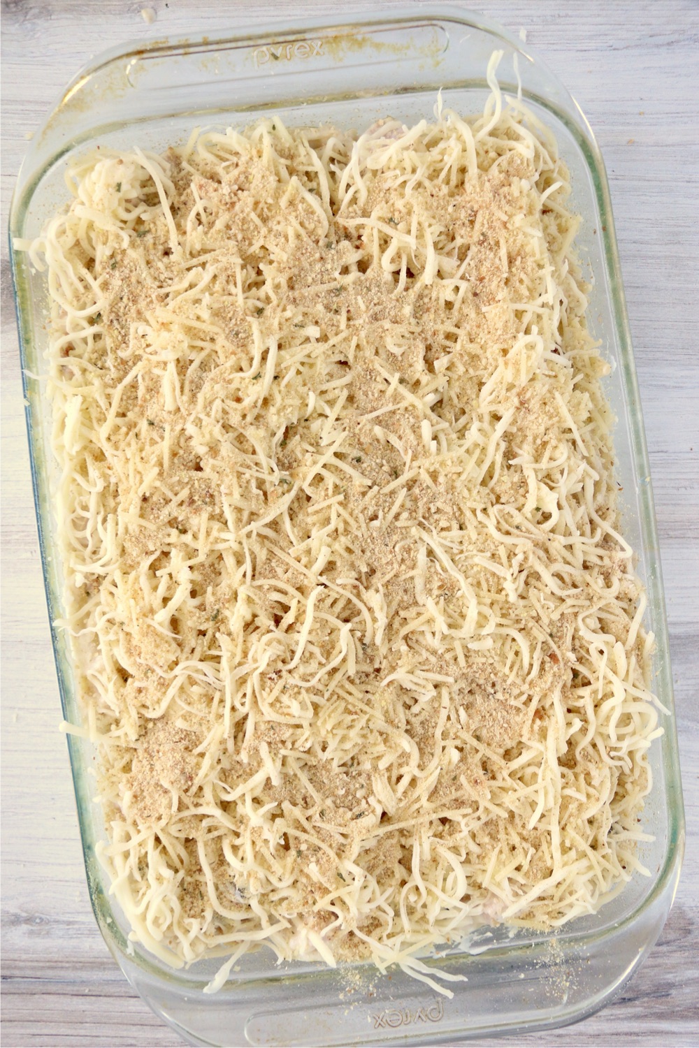 Cheese and breadcrumbs on turkey tetrazzini