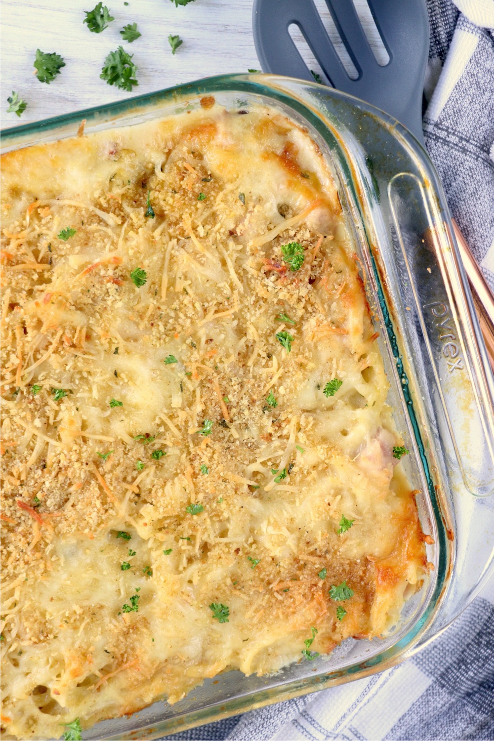 pan of cooked Turkey Tetrazzini