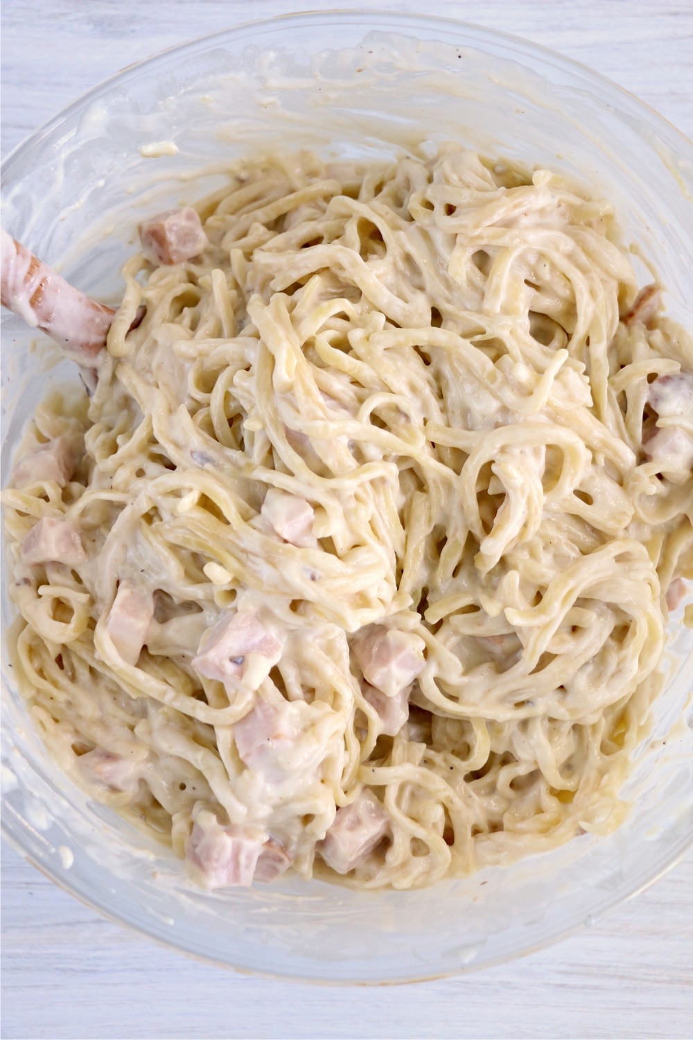 Turkey, noodles and sauce mixed together in bowl