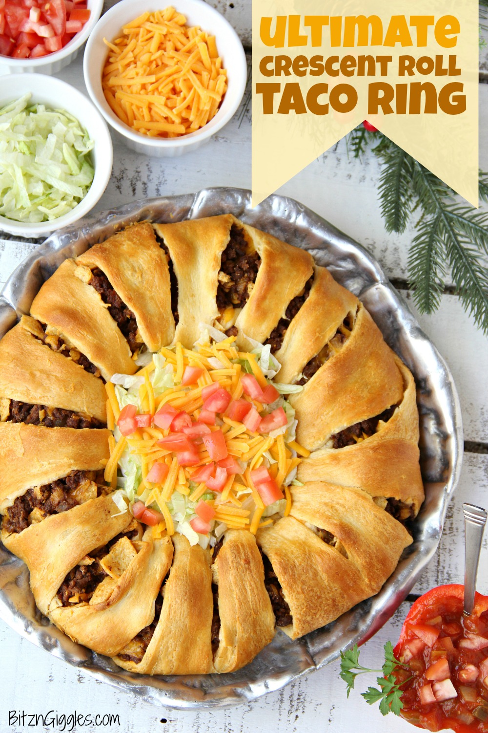 Ultimate Crescent Roll Taco Ring - This isn't just any old taco ring, it's filled with corn chips, guacamole, sour cream, cheese and tomatoes - easy and delicious, ready to serve a crowd!