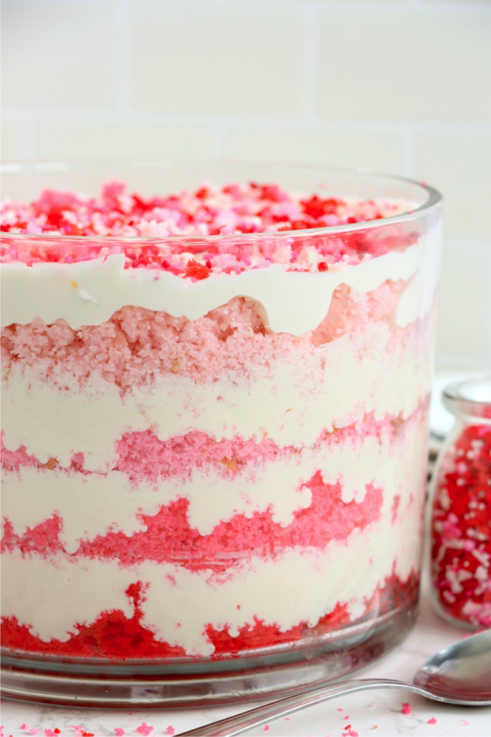 trifle with red and pink layers of cake