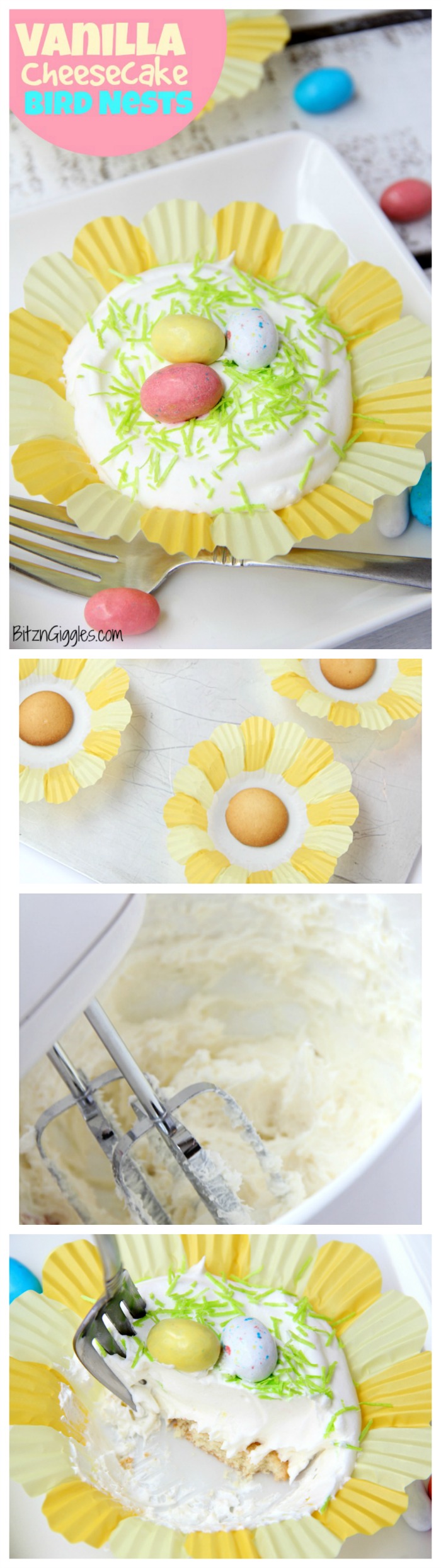 Vanilla Cheesecake Birds Nests - Mini vanilla cheesecake desserts with a wafer crust and creamy, dreamy filling. So light and delicious!