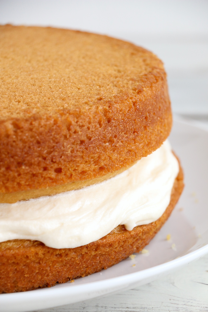 layer cake with frosting in the middle