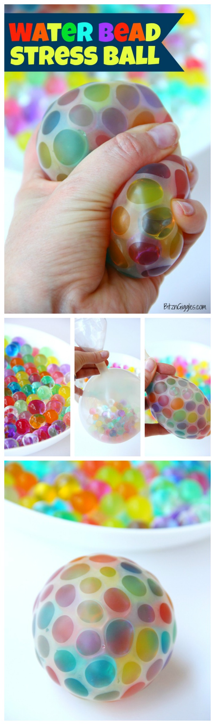 Water Bead Stress Ball - A transparent balloon filled with colorful water beads makes for a soothing and fun kids toy or stress reliever!