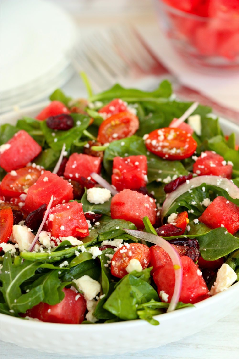 salad with onions, watermelon and feta cheese