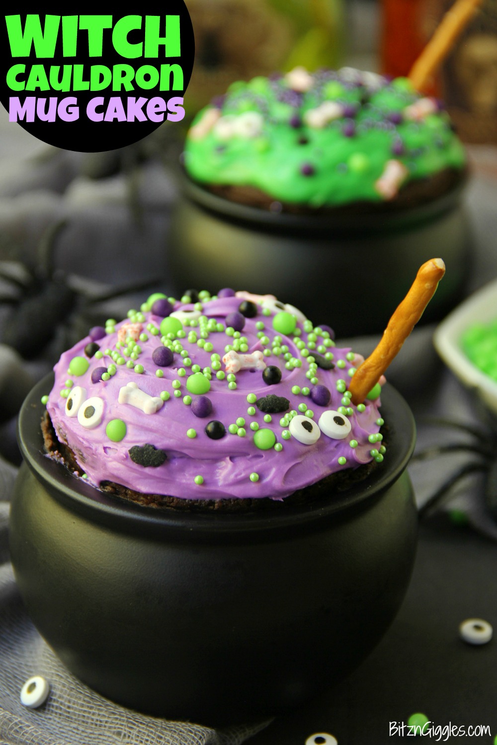 Witch Cauldron Mug Cake - A chocolate mug cake made in a ceramic witch cauldron with halloween-themed frosting and sprinkles!